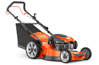 Side view of a lawn mower with a grass collection bag and large rear wheels.