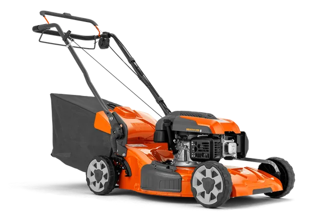 Side view of a lawn mower with a grass collection bag.