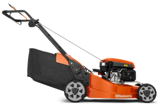 Side view of a Husqvarna lawn mower with grass collection bag.