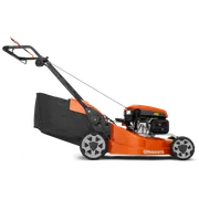 Side view of a Husqvarna lawn mower with grass collection bag.