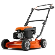 Tagliaerba Husqvarna LB 246E. Vista laterale di un tagliaerba con manubrio regolabile e ruote robuste.