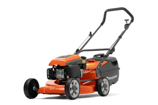 Side view of a Husqvarna lawn mower with a grass collection bag.