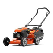 Side view of a Husqvarna lawn mower with a grass collection bag.