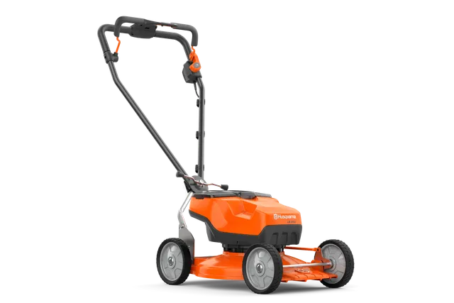 Side view of a Husqvarna battery-powered lawn mower.
