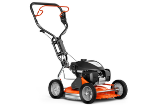 Side view of a walk-behind lawn mower with a sturdy handle and visible engine.