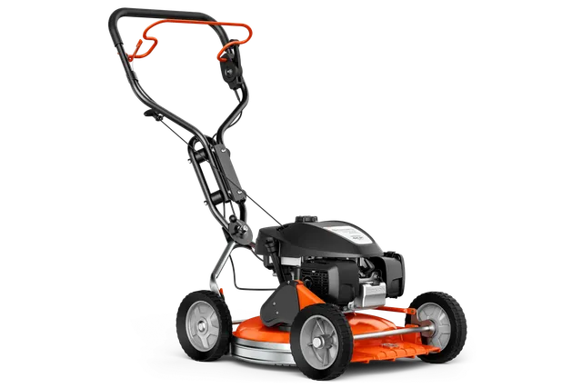 Husqvarna KLIPPO LB 548S e. Side view of a walk-behind lawn mower with a sturdy handle and visible engine.