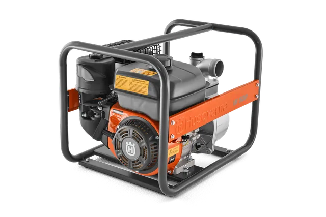 Side view of a Husqvarna water pump encased in a protective frame.