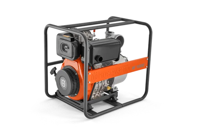 Side view of a Husqvarna W1000 water pump encased in a protective frame.