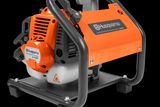 Side view of a Husqvarna W25P water pump with protective frame.