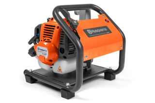Side view of a Husqvarna W25P water pump with protective frame.