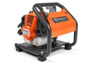 Side view of a Husqvarna W25P water pump with protective frame.