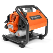 Side view of a Husqvarna W25P water pump with protective frame.