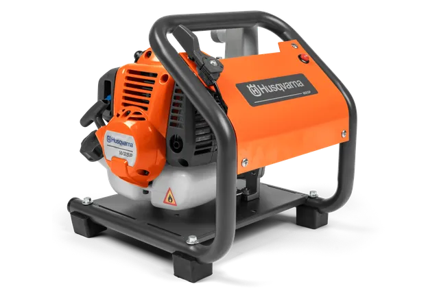 Side view of a Husqvarna W25P water pump with protective frame.