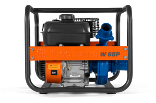 Front view of a Husqvarna W 65P water pump with visible engine and frame.