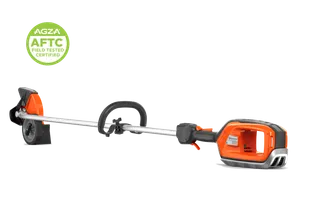 Side view studio shot of a battery grass trimmer with an AGZA AFTC certification badge.