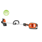 Side view studio shot of a battery grass trimmer with an AGZA AFTC certification badge.