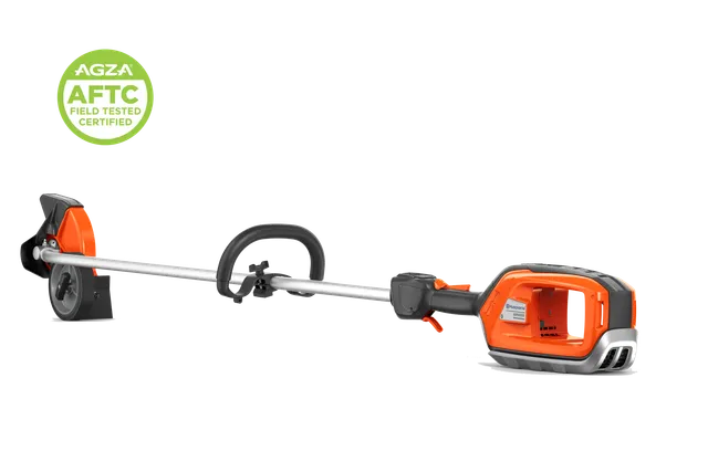 Side view studio shot of a battery grass trimmer with an AGZA AFTC certification badge.