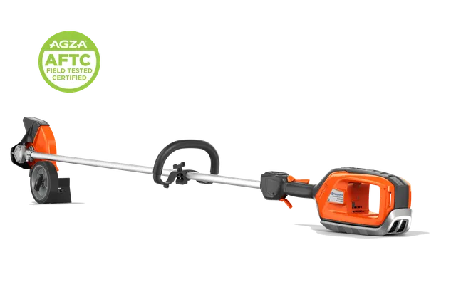 Studio side view of a handheld garden trimmer with edger wheel and visible battery compartment. A circular AGZA AFTC Field Tested Certified badge appears in the corner.
