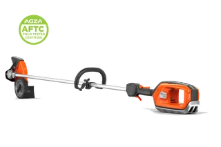 Studio side view of a handheld garden trimmer with edger wheel and visible battery compartment. A circular AGZA AFTC Field Tested Certified badge appears in the corner.