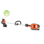Studio side view of a handheld garden trimmer with edger wheel and visible battery compartment. A circular AGZA AFTC Field Tested Certified badge appears in the corner.