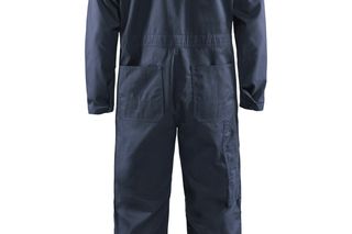 Husqvarna Overall marine. Rückansicht eines Husqvarna Arbeitsoveralls mit Gesäßtaschen und Logo.