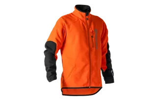 Vista frontal de una chaqueta de trabajo Husqvarna con mangas negras.