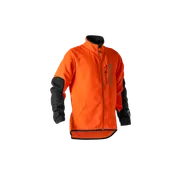 Vista frontal de una chaqueta de trabajo Husqvarna con mangas negras.