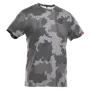 Vista frontal de uma t-shirt Husqvarna com estampa de camuflagem com logótipo.