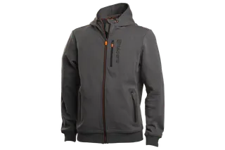 Vooraanzicht van een Husqvarna-hoodie met ritszakken en geborduurd logo.