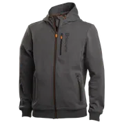 Vooraanzicht van een Husqvarna-hoodie met ritszakken en geborduurd logo.