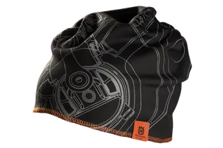 Um gorro Husqvarna com padrões de design técnicos e patch do logótipo Husqvarna.