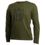Vista frontal de uma camisa de manga comprida com um grande emblema no peito.