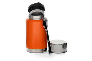 Vue de face d’un thermos Husqvarna avec couvercle amovible et cuillère.