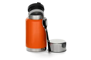 Front view of a Husqvarna thermos with a detachable lid and spoon.