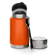 Front view of a Husqvarna thermos with a detachable lid and spoon.