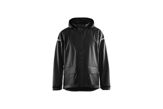 Vorderansicht einer wasserdichten Regenjacke mit Kapuze und Taschen.
