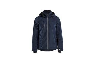 Front view of a hooded work jacket with zipper and pockets.