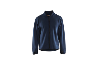 Front view of a blue zip-up jacket with long sleeves and a collar.