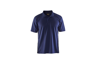 Husqvarna Poloshirt mit UV-Schutz, marineblau. Vorderansicht eines marineblauen Poloshirts mit kurzen Ärmeln und Kragen.