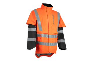 Front view of a Husqvarna work jacket with reflective stripes.