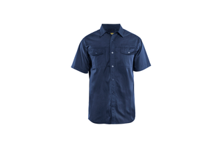 Husqvarna Werkstatt-Twill-Hemd kurz marine. Front view of a short sleeve button-up work shirt with two chest pockets.