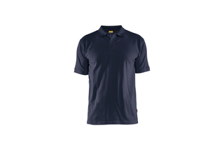 Vorderansicht eines marineblauen Poloshirts mit kurzen Ärmeln.
