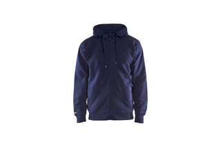 Front view of a zip-up hoodie with drawstrings and pockets.