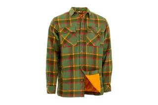 Vue de face d’une chemise en flanelle à carreaux avec deux poches poitrine et une doublure intérieure orange.