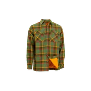 Vue de face d’une chemise en flanelle à carreaux avec deux poches poitrine et une doublure intérieure orange.