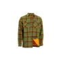 Vue de face d’une chemise en flanelle à carreaux avec deux poches poitrine et une doublure intérieure orange.