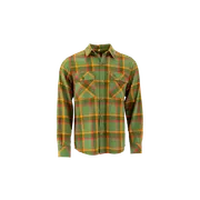 Framifrån en rutig långärmad skjorta med knäppta fickor.