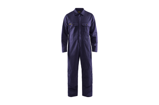 Husqvarna Overall marine. Front view of a navy blue workwear coverall with buttoned chest pockets.