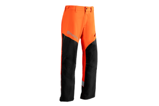 Front view of Husqvarna chainsaw trousers with logo.
