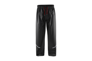 Husqvarna Regenhose schwarz. Vorderansicht einer wasserdichten Regenhose mit elastischem Bund und reflektierenden Details.
